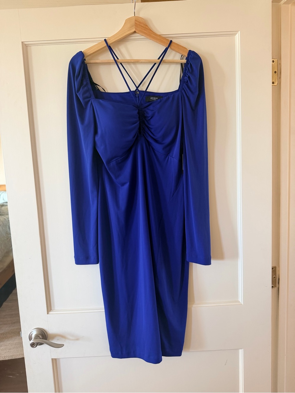 Guess Cobalt Blue Long Sleeve Ruched Midi Dress
